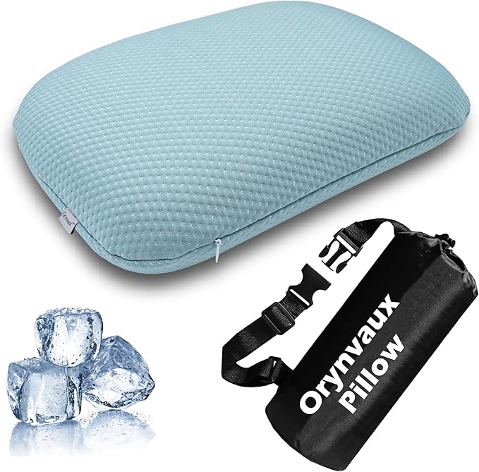 Cooling Camping Pillow, Memory Foam Travel Pillow with Adjustable Buckle Strap & Storage Bag, Compact Small Pillow for Airplane, Car Lumbar, Office, Washable Cooling Cover, Glacier Blue