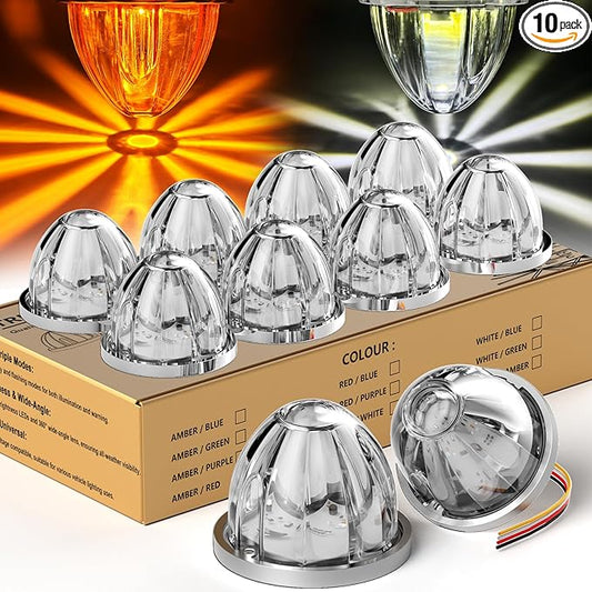 10-Pack Dual Color Watermelon Lights with Strobe & Steady Lighting Clear Lens Amber/White LED Side Marker Turn Signal Lights for Truck Trailer RV Off-Road Vehicle