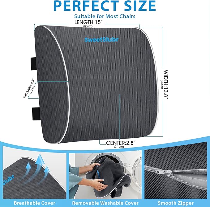 Large Lumbar Support Pillow for Office Chair, Car Seats and Home Desks, Ergonomic Back Support with Double Adjustable Straps, Machine Washable Cover, Grey