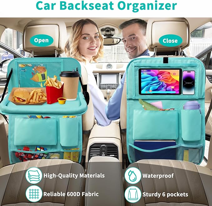 Car Backseat Organizer with Tray, Seat Back Table Holder with 6 Storage Pockets, Car Seat Back Protectors Kick Mats Travel Accessories, 1 Pc Blue