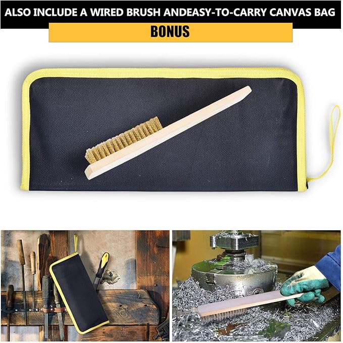 Metal File Set, Large Flat File/Half-Round File/Triangle File/Round File and 12 pcs Needle Files with Storage Bag and Steel Brush for Woodwork, Metal, Leather and Plastic