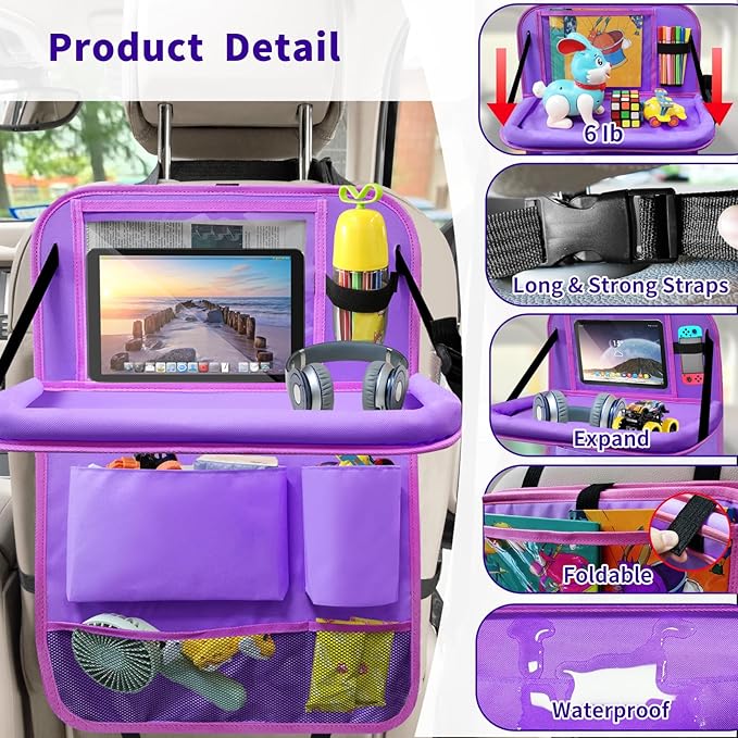 Car Seat Back Organizer Table Tray, Car Seat Storage Organizer for Kids with Foldable Tablet Holder, 6 Storage Pockets Kick Mats 600D Oxford, 2 Pack Purple