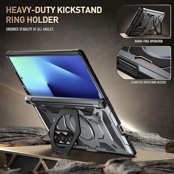 Poetic Spartan for Samsung Galaxy Z Fold 7 Case, [Hinge Protection][Magnetic Ring Adjustable Stand][Built-in Screen Protector][Compatible with MagSafe] Full-Body Rugged Phone Case, Metallic Gun Metal