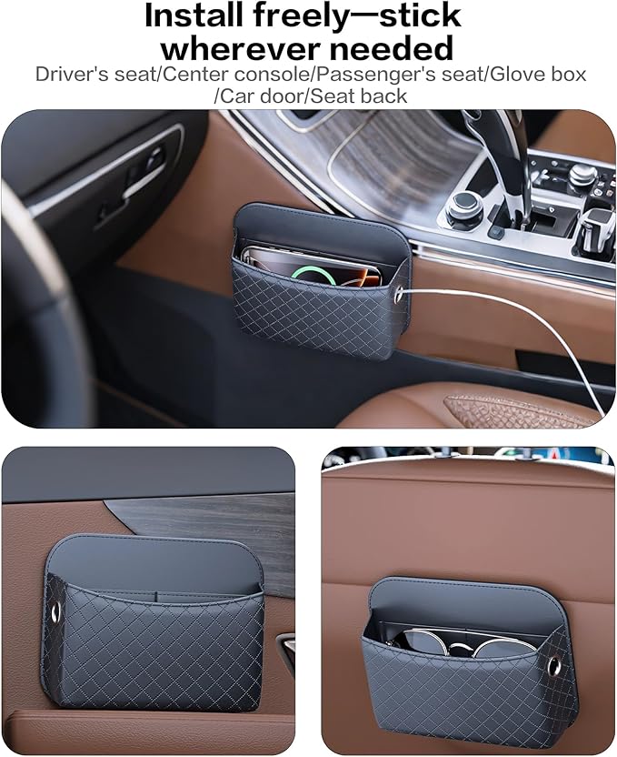 Self-Adhesive Car Seat Side Pocket Organizer with Cable Port - Black PU Leather Storage Pouch for Phone & Keys, Fits Gaps, Console & Door (2 PCS)
