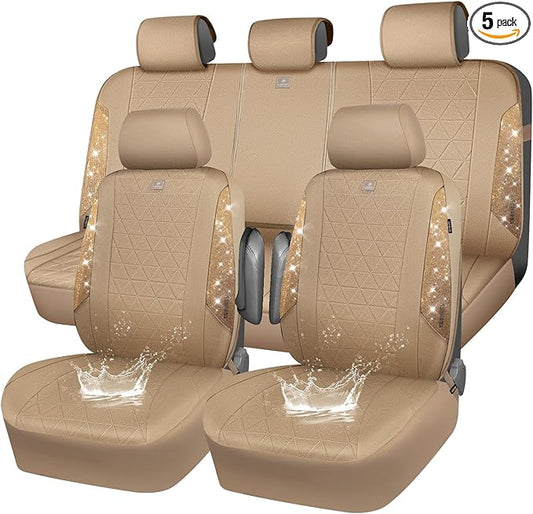 CAR PASS Beige Oxford Bling Diamond Car Seat Covers Full Set Interior Sets, Waterproof Shining Glitter Sparkly Crystal Universal Armrest Fit 95% Automotive Truck SUV Cute Women Girl, Beige Rhinestone