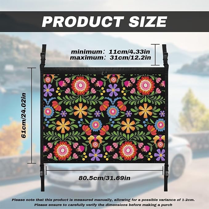 Generic Boho Flowers Car Ceiling Cargo Net Pocket,31.69"x24.02" Adjustable Double-Layer Mesh SUV Roof Organizer Long Trip Ceiling Storage Net,Car Camping Cargo Bag for Car,SUV Accessories