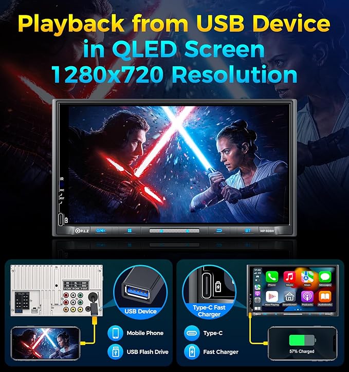 PLZ 7" Wireless Double Din Car Stereo Apple Carplay Radio QLED Screen for Car, Android Auto, Bluetooth 5.3, Fast Charger, 1080P Backup Camera, 4.2 Channel Outputs 240W, 2 Subwoofer