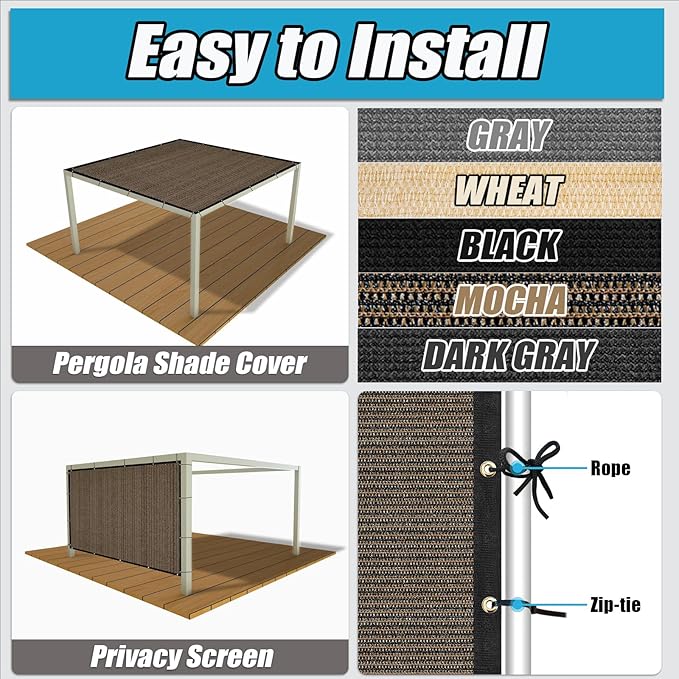Amagenix 90% Shade Fabric 20'X 22' Mocha Sun Shade Cloth with Grommets for Pergola Replacement Shade Cover Canopy, Heavy Duty, Cable Zip Ties Included (We Customized)