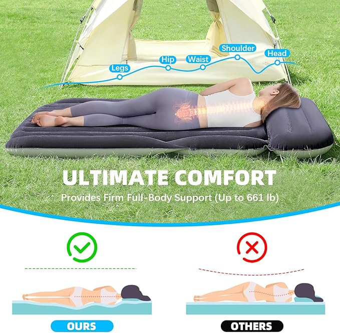 KMZ SUV Air Mattress with 2 Pillows – Thickened and Flocked Car Bed – Portable Travel Pad for Camping & Road Trips – Quick Inflate & Deflate with External Pump – Navy Blue+Light Gray