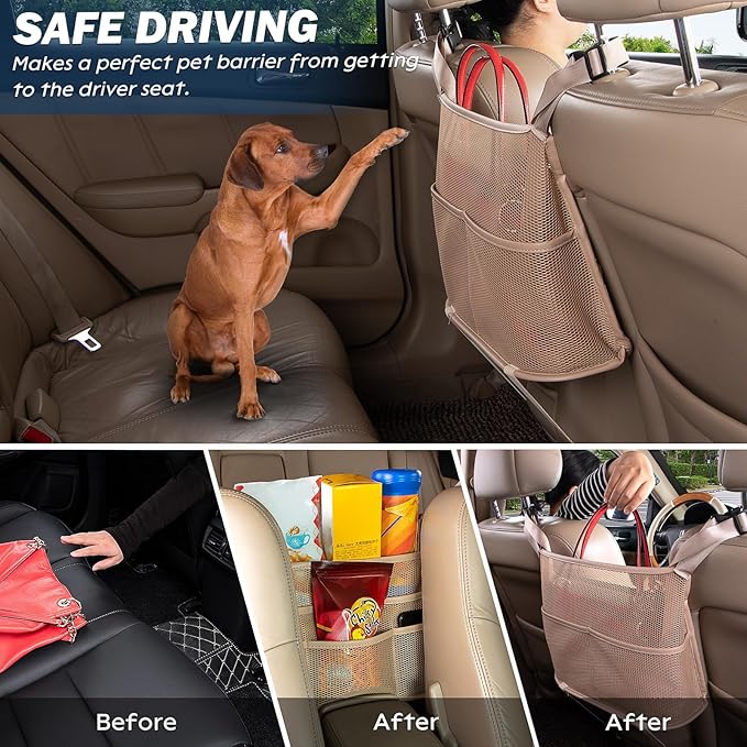 eing Car Net Pocket Handbag Holder Between Seats Back Storage Organizer 3 - Layers Purse Holder for Console Front Seat Storage Barrier, Beige