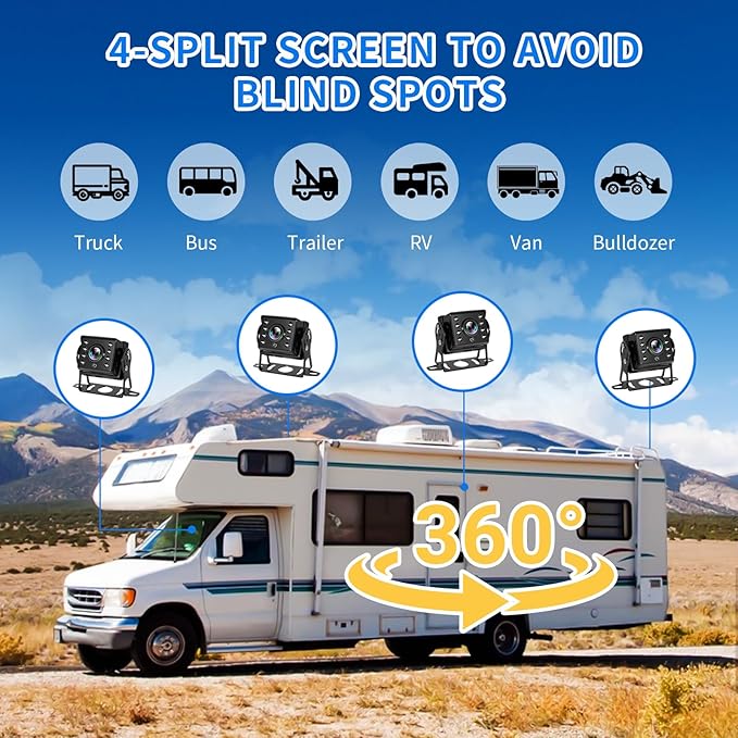 4 Channel RV Backup Camera System with 10.1" Touch Screen Monitor, DVR Recording, 4 x 1080P Waterproof Cameras, Quad Split, Bluetooth, for RV Truck Trailer Bus