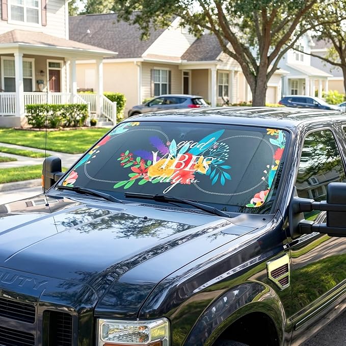 63"x28.5" Car Windshield Sun Shade with Storage Pouch, Stylish Printed Front Window Sunshade with Double Ring Frame, Universal Fit Foldable Heat Blocker & UV Protector for SUV, Sedan (Good Vibes)