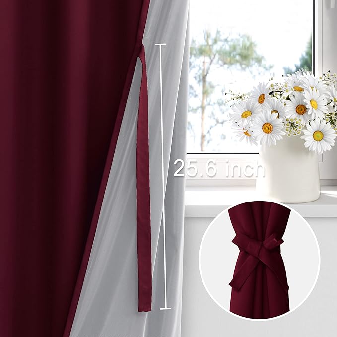 XWZO 100% Blackout Curtain Panels - Thermal Insulated Black Liner Curtains, Noise Reducing and Heat Blocking Drapes for Hall and Studio Windows with Tiebacks, Burgundy, W38 x L63, Set of 2