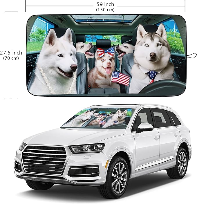 Funny Husky Driving Car Windshield Sun Shade Foldable Sunshade Front Window Cover Sun Visor Protector Accessories (59x27.5 inches)