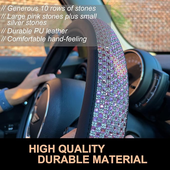 PINCTROT Large Size Bling Comfy Steering Wheel Cover with Jumbo Crystal Rhinestones, Anti-Slip Diamond Leather, 15.5-15.75 Inch (Pink)