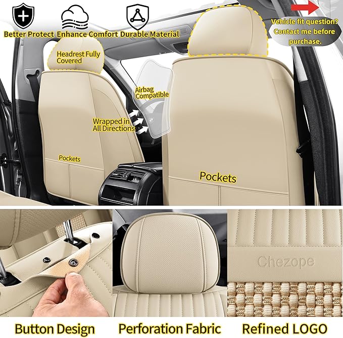 Chezope Car Seat Covers Full Set, Beige Leather Seat Covers, Breathable Front and Back Car Seat Protectors, Wear-Resistant Seat Covers Universal Fit for Most Cars SUV Truck (Beige-Stripes-B, Full Set)