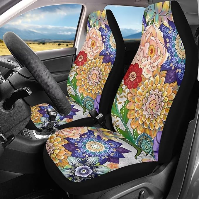Boho Mandala Flowers Print Car Front Seat Cover Set of 2, Auto Bucket Seats Protector Universal Car Accessories Interior Decor for Women Men