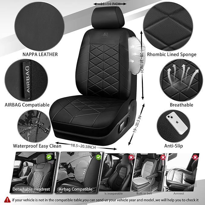 CAR PASS Nappa Leather Waterproof Car Seat Covers Full Set, 3D Foam 5 Seat Covers Full Set with Rhomb, Comfort Universal Fit for Most SUV Truck Sedan, Airbag Compatible, 5 Seats Leatherette All Black