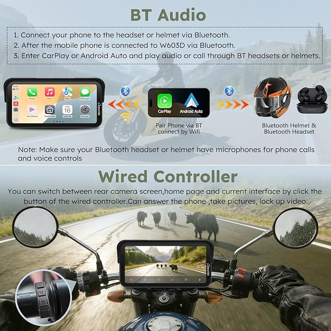 Carpuride W603DT for Motorcycle CarPlay & Android Auto & TPMS - HD1080p Dash Cam, 6.3-inch Waterproof Rotatable Touchscreen for Navigation, Bluetooth, Loop Recording, Wired Controller