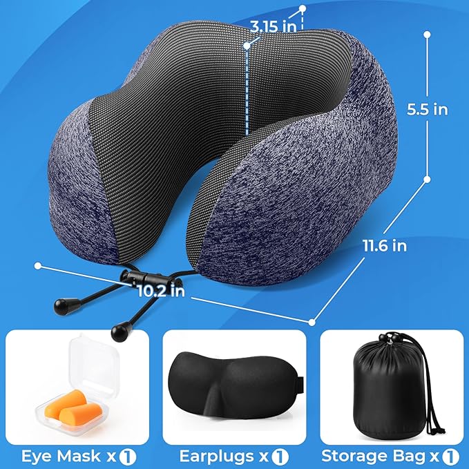 Travel Pillow, Travel Pillows for Sleeping Airplane, Neck Pillow Airplane, Memory Foam Neck Pillow Set with Eye Mask, Earplugs and Storage Bag -Mottled Blue