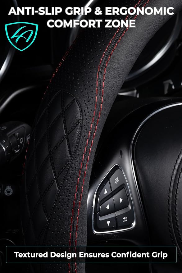 Lord Autofashion Steering Wheel Cover – PU Leather, Non-Slip Rubber Inner, All-Season Comfort – 14.5–15 Inch (Black/Red 9366)