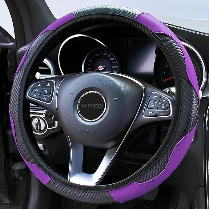 Car Steering Wheel Cover, 15 inch Microfiber Leather Carbon Fiber Soft Anti-Slip Breathable, Universal Size Elastic Car Accessory for Most Cars (Purple)