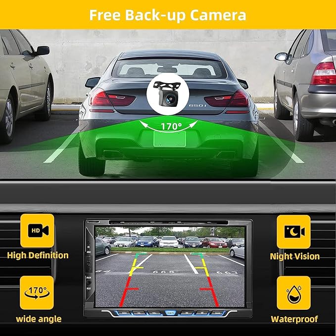 Double Din Car Stereo with CD/DVD Player, Apple CarPlay/Android Auto 7” Double din Radio with Backup Camera, Mirror Link, Bluetooth, AM FM Radio Receiver, SWC, Subwoofer, USB/TF/AUX…