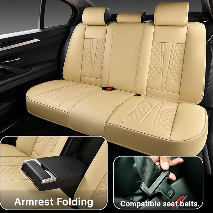 Beige Car Seat Covers for Ford Bronco Sport 2021-2025 Car Seat Cover, Faux Leather, 5 Piece Full Set, Waterproof, with Lumbar Support, Protect and Upgrade Seats