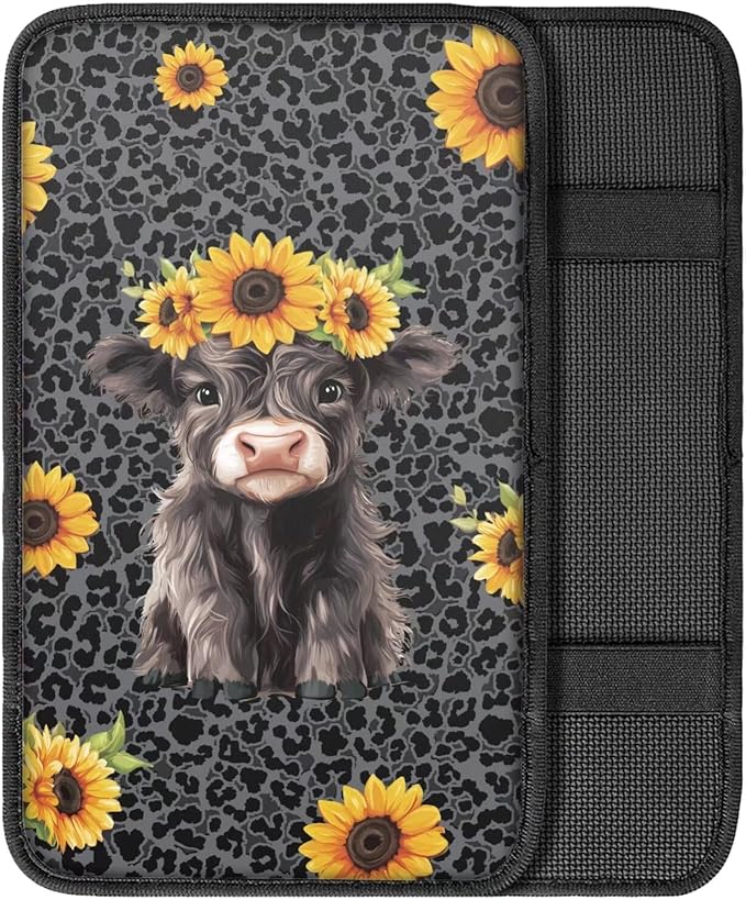 Dreaweet Black Leopard Print Center Console Cover Cute Sunflower Highland Cow Car Accessories for Women Arm Rest Cover for Truck Car SUV,Car Console Covers Soft Comfy Armrest Cover Cushion Pad