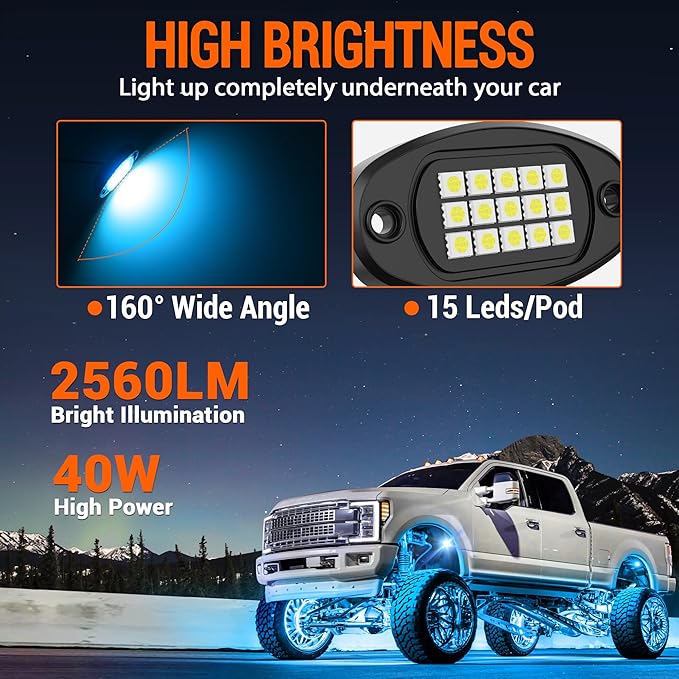 RGB LED Rock Lights 8 Pods - Multicolor Underglow Neon Light Kits, Underbody Lamp Waterproof with APP/Remote Control & Music Mode for Pickup Car Off Road SUV ATV Vehicle