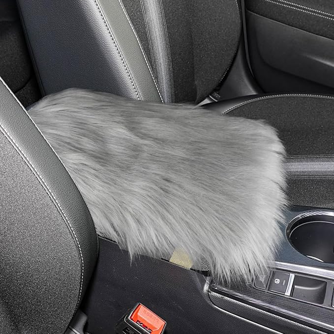 wuyaoyao Furry Car Armrest Cover, 12.1"×6.4" Soft Plush Car Center Console Cover, Winter Warm Fluffy Arm Rest Cover for Car, Auto Armrest Box Cover Protector, Universal Middle Console Pad (Gray)