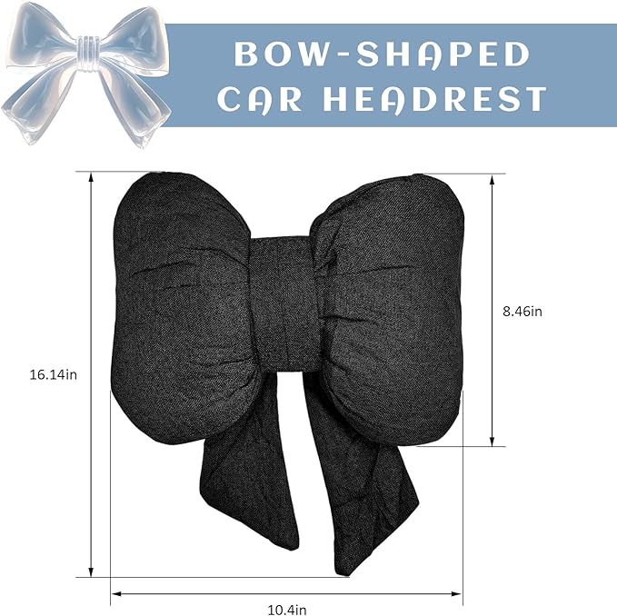 Sun Walker Bow Car Headrest Pillow, Breathable Bow-Shaped Vehicle Neck Pillow with Adjustable Strap, Ergonomic Neck Support Cushion Driving Seat Decoration for Women Girls (Black)