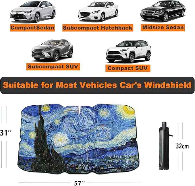 Windshield Sun Shade Umbrella for Car Front Window Sun Visor for Windshield Car Summer Accessories Protect Interior from UV Rays & Heat for Sedan, Compact SUV, Hatchbacks 57"*31"