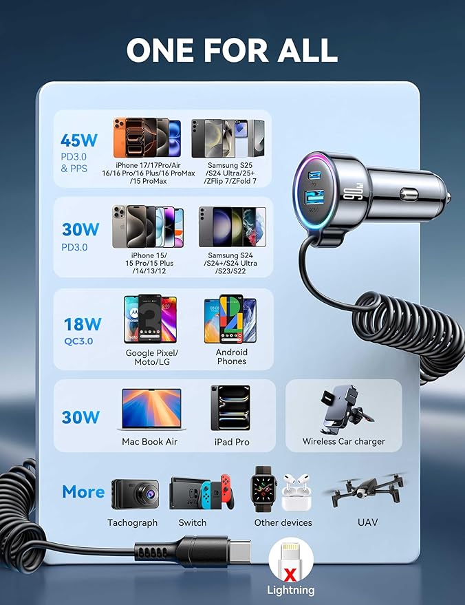 USB C 90W Car Charger for iPhone 17/16 Pro Max, PD & QC3.0 w/5 ft 45W Type Coiled Cable, Fast Car Phone Charger Adapter for iPhone 17Air/15 Pro, Samsung Galaxy S25/S24/S23, Pixel 10/LG/Android, iPad