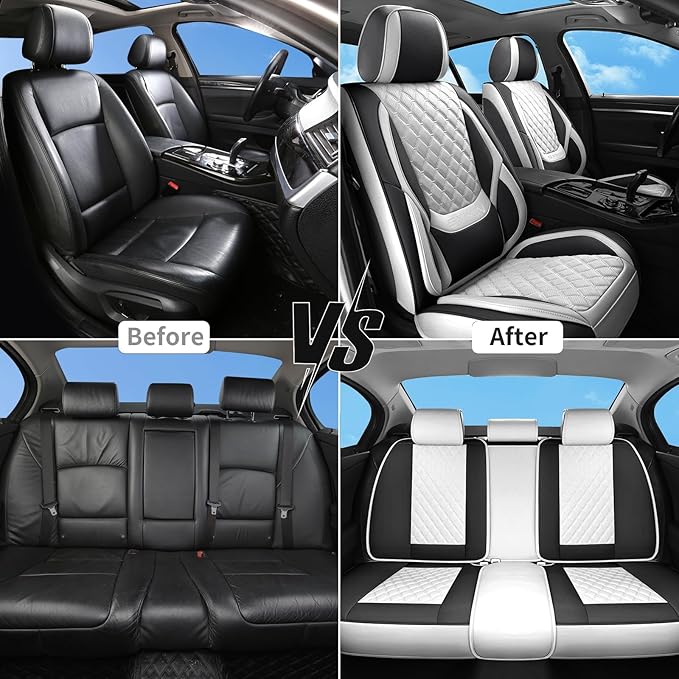 Car Seat Covers Full Set, Luxury Leather Waterproof Non-Slip Seat Protector Universal Fit for Most Cars SUVs Trucks Pick-ups,White and Black Car Accessories Interior(Full Set White)