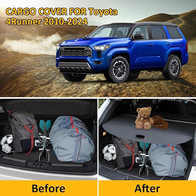 Falafa Trunk Cargo Cover for Toyota 4Runner 2010-2024, Retractable Cargo Cover with Carbon Fiber Texture Ends, Trunk Shade Shield Rear Security Cover for 4Runner Accessories