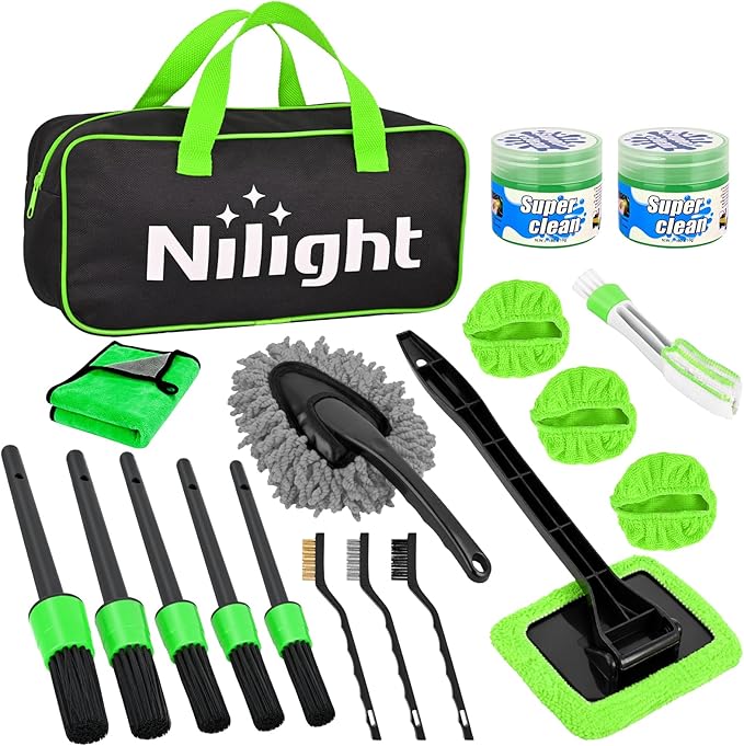 Nilight 15PCS Car Detailing Kit Auto Cleaning Tools Wash Set with Storage Carry Bag Beginners Easy to Use for Interior Exterior Car Care Clean Windshield Dashboard Seat Air Vents Wheels Tires, Green
