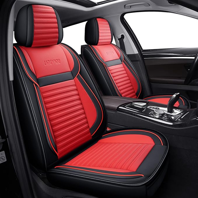 LINGVIDO Front Car Seat Covers, Faux Nappa Leather, Airbag Compatible and Waterproof Protectors for Sedans SUVs, Breathable Anti-Slip Interior for Commuters and Rideshare, Black/Red
