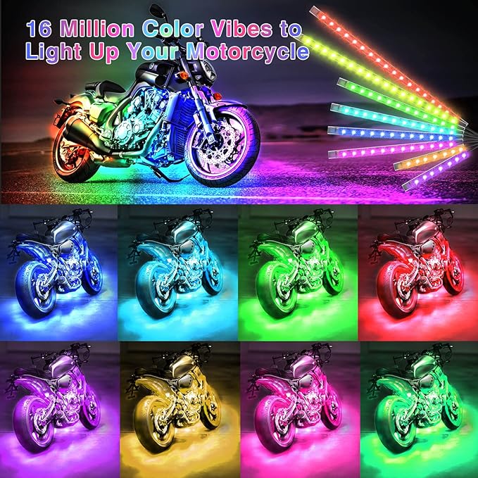 16PCS Motorcycle RGB LED Light Kit with Handlebar Switch Brake Turn Signal, Multicolor Underglow Lights with APP/RF Remote, Neon Strips Accent 12V Waterproof for Cruiser,Touring & Adventure Motorcycle