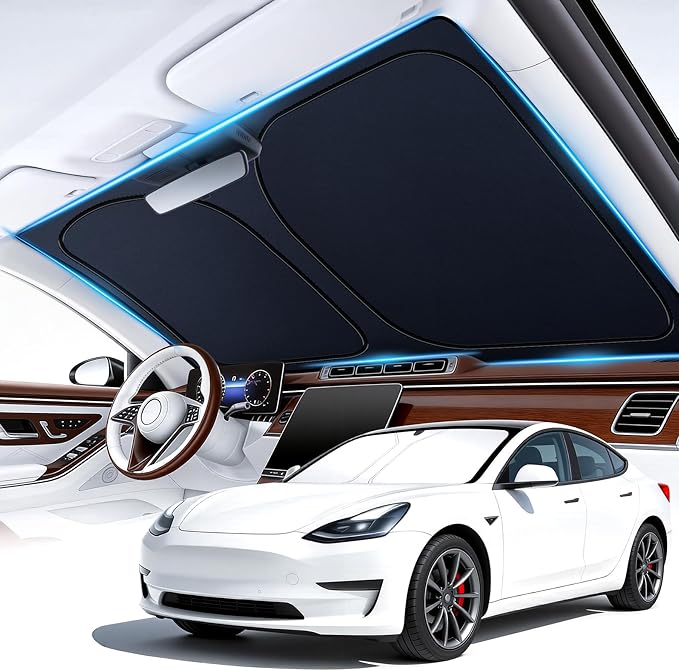 Car Windshield Sunshade Universal Sun Visor Front Window Shades, Foldable Reflective Fits for Model 3/Y 2016 to 2026 (55.9" x 37.4")