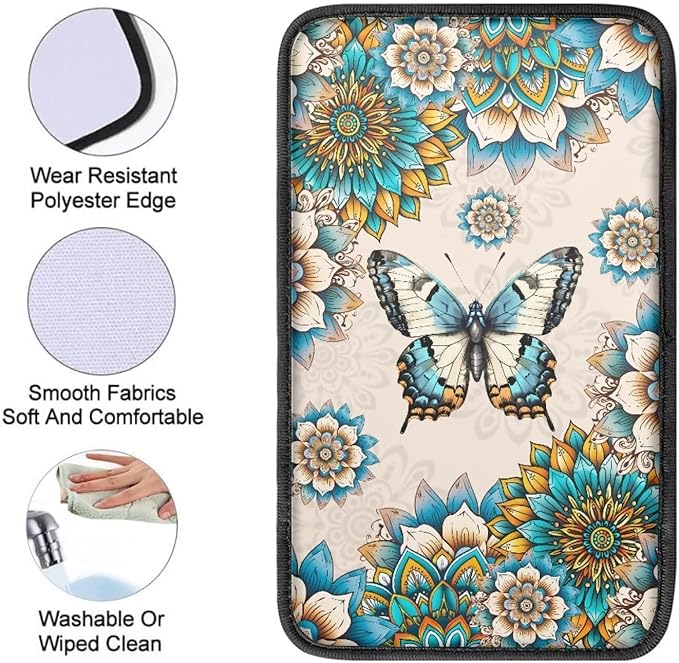 Butterfly Boho Center Console Cover for Car Soft Waterproof Armrest Cover Cushion Mandala Floral Armrest Seat Box Cover Protector for Most Vehicle SUV Truck Carssa
