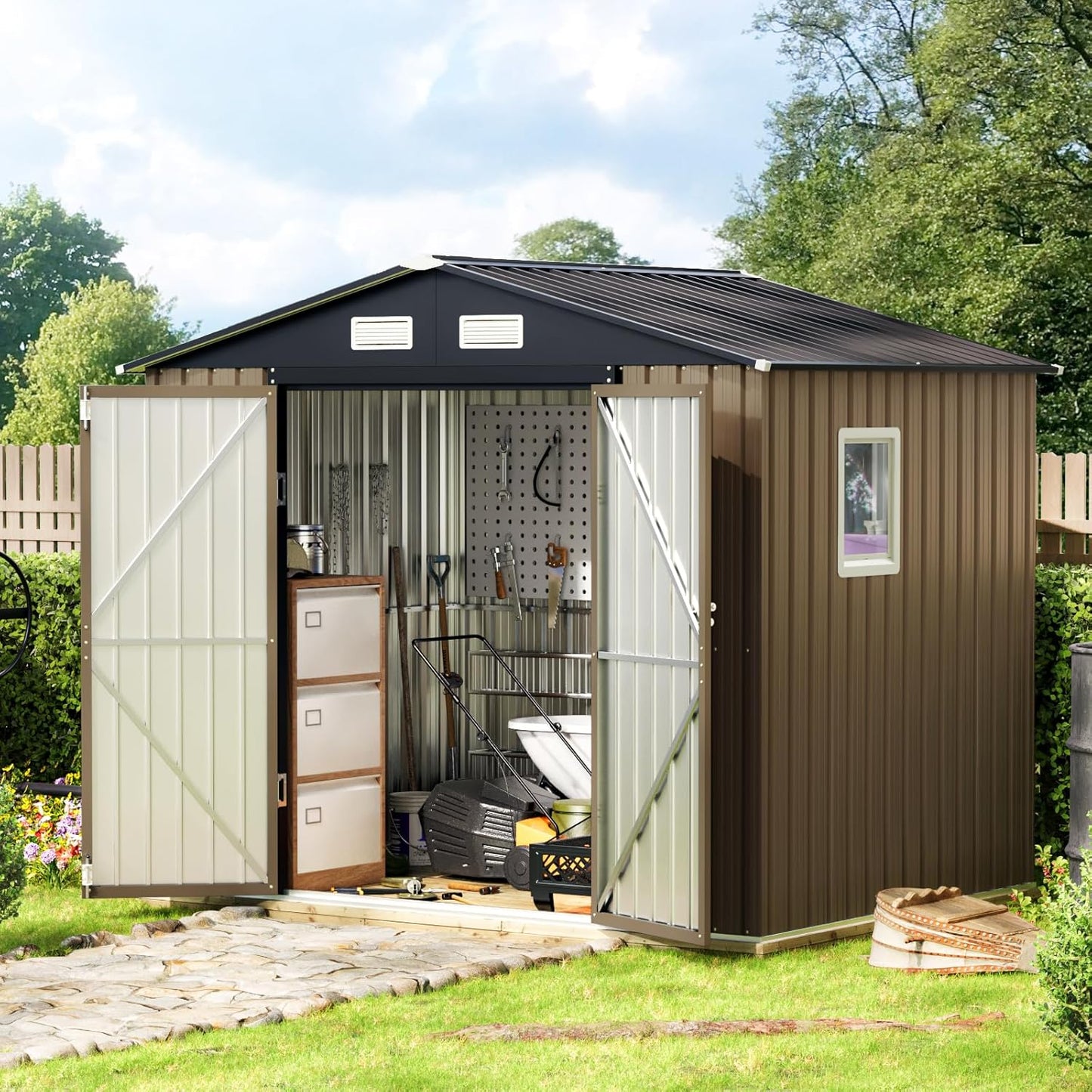 8X6FT Outdoor Steel Storage Shed with Lockable Doors, One Big Window,Ideal for Garden, Backyard, Patio Storage,Brown