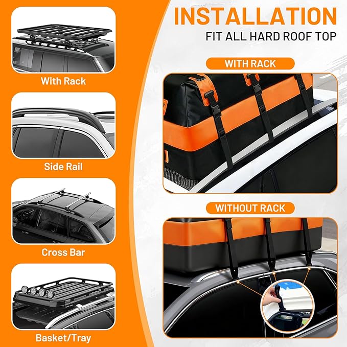 Car Rooftop top Cargo Carrier 21 Cubic feet 100% Waterproof Heavy Duty PVC for All Cars with/Without Rack, Includes Anti-Slip Mat, 10 Reinforced Straps, 6 Door Hooks, Luggage Lock