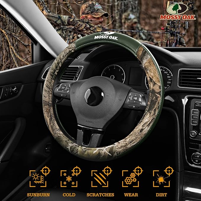 Mossy Oak Camo Steering Wheel Cover, Durable Grip Car Steering Cover, Universal Fit 14.5"–15.5" - Made with Premium Green PVC Leather and Cotton Fabric, Anti-Slip - Official Licensed Product