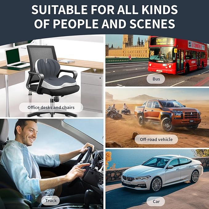 Memory Foam Seat Cushion with Lumbar Support for Back Pain & Sciatica Relief, Office Chair & Car Seat Cushion with Adjustable Strap