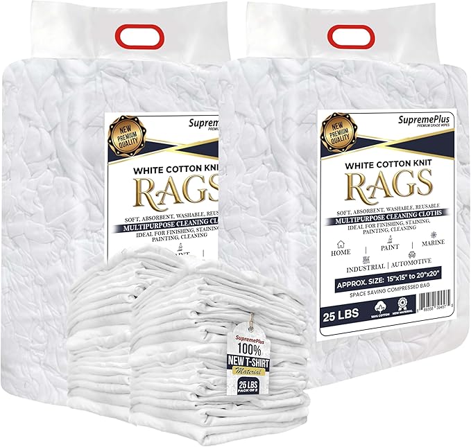 Premium New White Cotton Knit T-Shirt Rags (2x25 lbs. Bag of Rags) - Lint-Free, Soft & Absorbent Cleaning Cloths for Auto, Paint, Garage, Staining & Polishing
