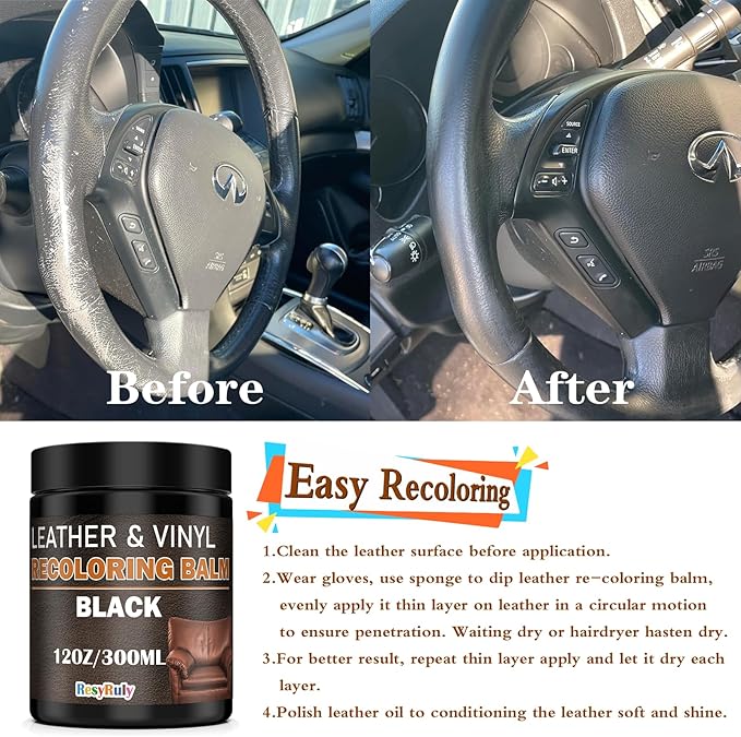 Leather Recoloring Balm Black Leather Dye Vinyl Paint Car Interior Seat Furniture Conditioner Couch Recliner Boots Jacket Shoes Handbag Purse Belt Color Restorer Fade Wear Scratch Remover Repair Kit