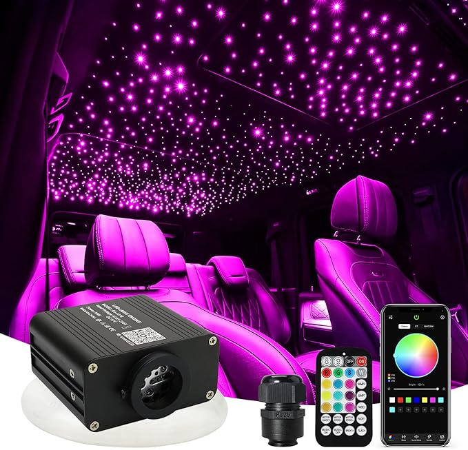 AMKI Upgraded 16W Starlight Headliner Kit Twinkle+Sound Activated 600pcs 0.03in 9.8ft Cable Fiber Optic Light APP/Remote Control for Car Home Star Ceiling Decoration