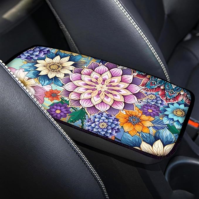 UNICEU Car Center Console Armrest Cover Pad for Women, Boho Flowers Bright Blossom Auto Interior Decor Neoprene Car Armrest Box Protector Cover