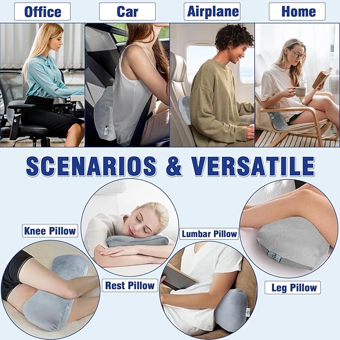 Back Lumbar Support Cushion for Office Chair - Soft Memory Foam Back Pillow for Back Pain - Bolster Cushion for Long Sitting, Driving, Travel, Bed - Versatile Pillow (Blue)